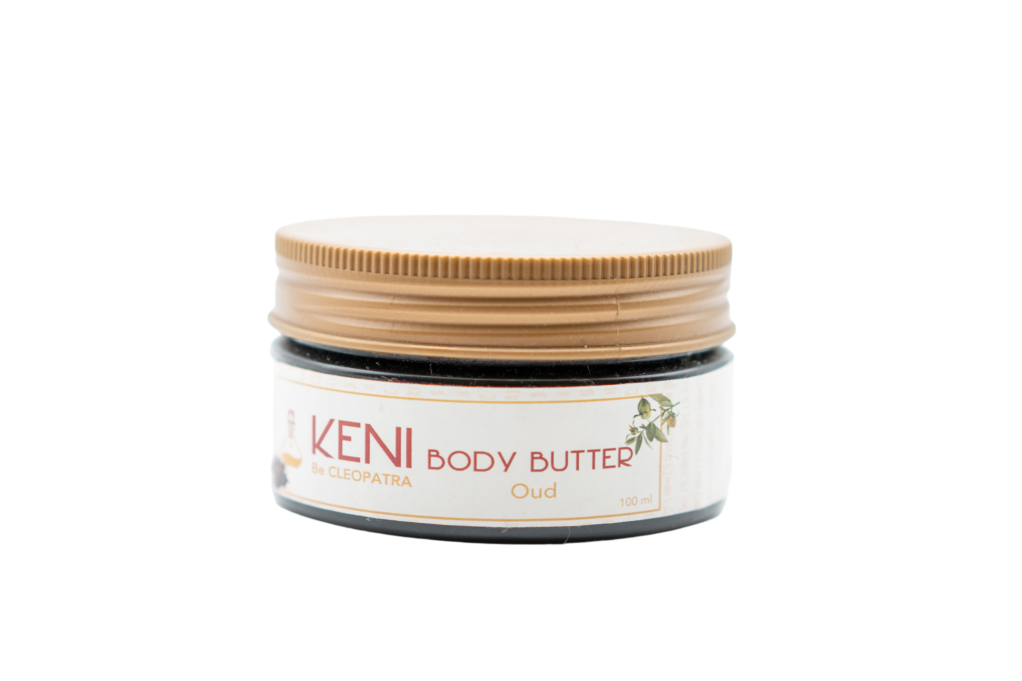 Becleopatra Scented Body Butter in a decorative jar with natural ingredients around it.