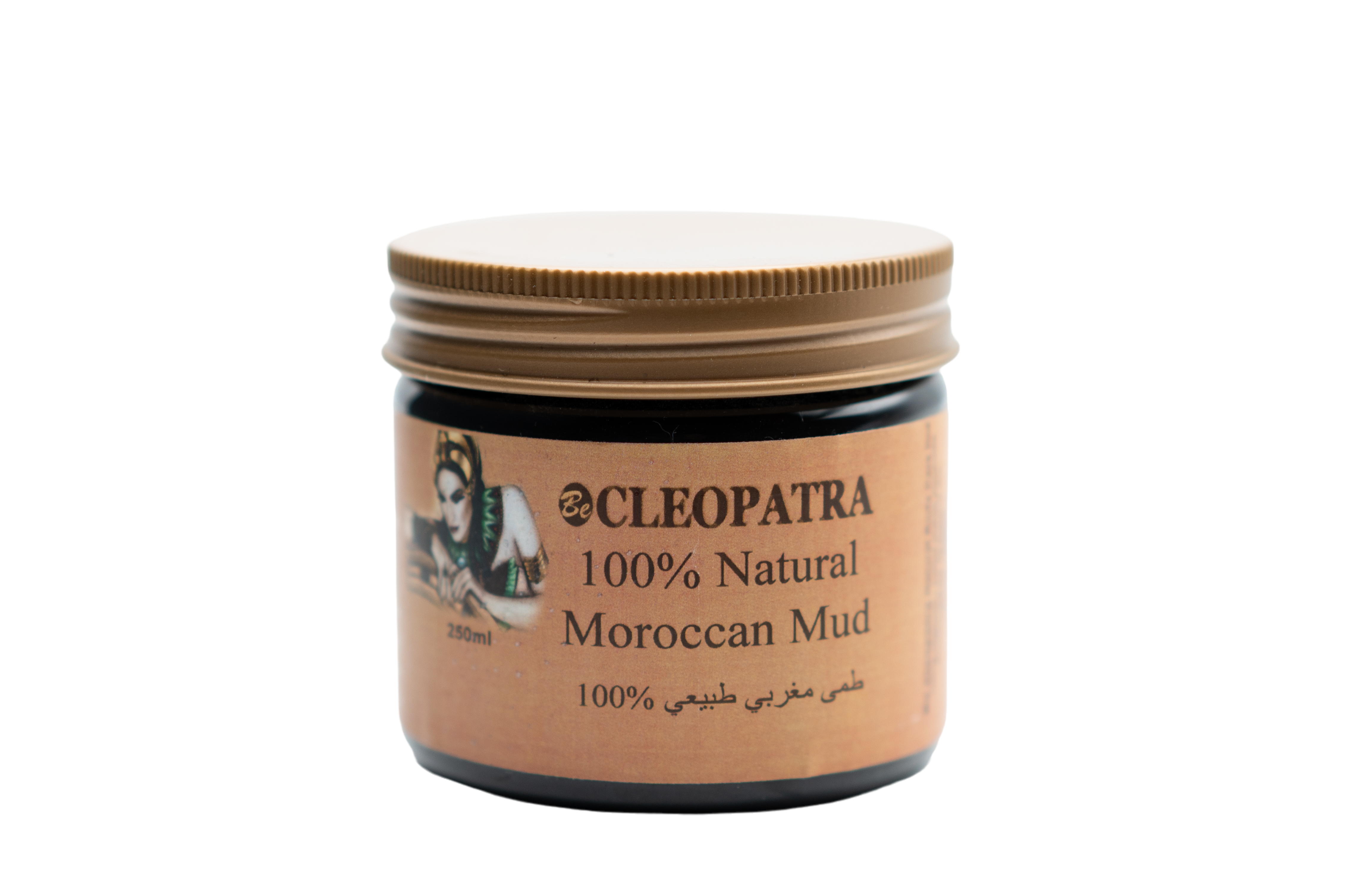 Jar of Becleopatra Moroccan Mud with a brush for application.