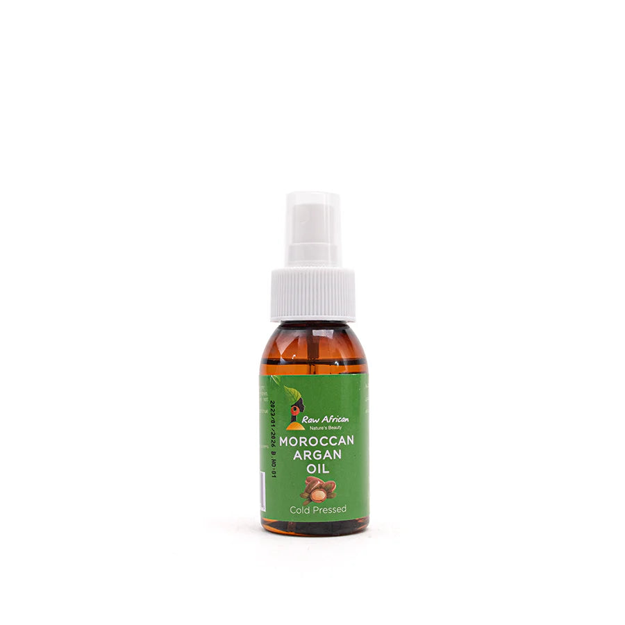 A 100ml bottle of RawAfrican Moroccan Argan Oil, a premium natural oil for hydrating skin and hair, free from parabens and sulfates.